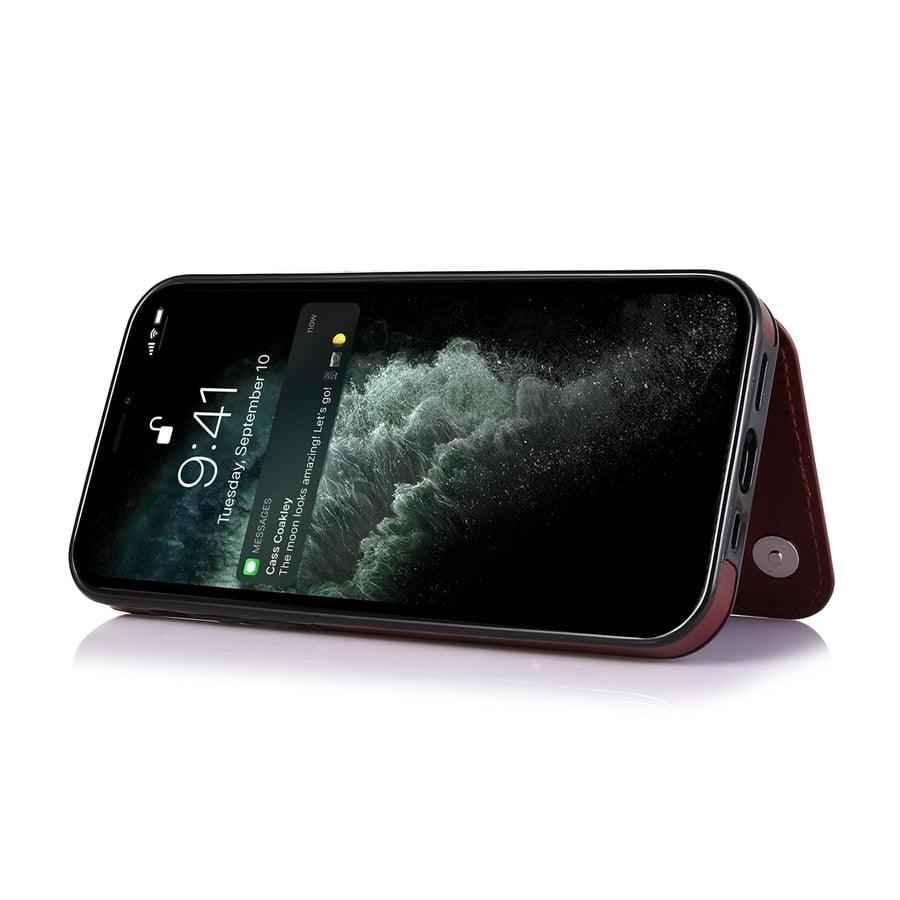 Étui en cuir PU rétro à rabat pour iPhone 14 13 12 11 Pro Max, étui portefeuille multi-cartes, porte-cartes en cuir, double fermeture magnétique, coque de protection durable pour iPhone