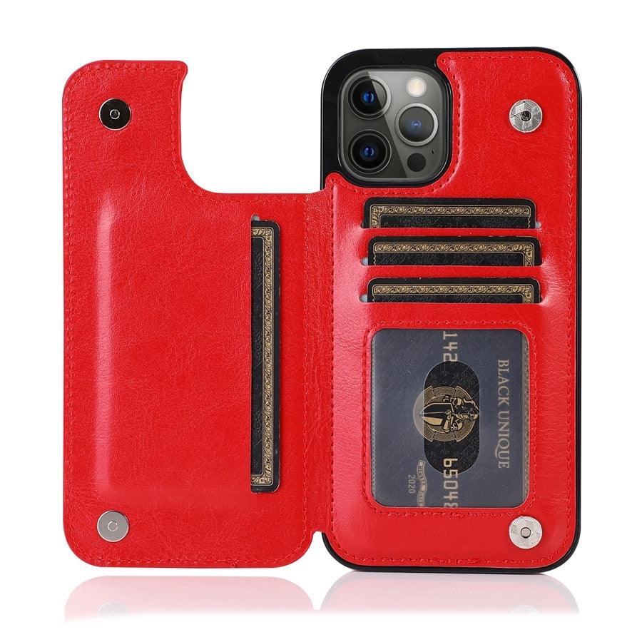 Étui en cuir PU rétro à rabat pour iPhone 14 13 12 11 Pro Max, étui portefeuille multi-cartes, porte-cartes en cuir, double fermeture magnétique, coque de protection durable pour iPhone