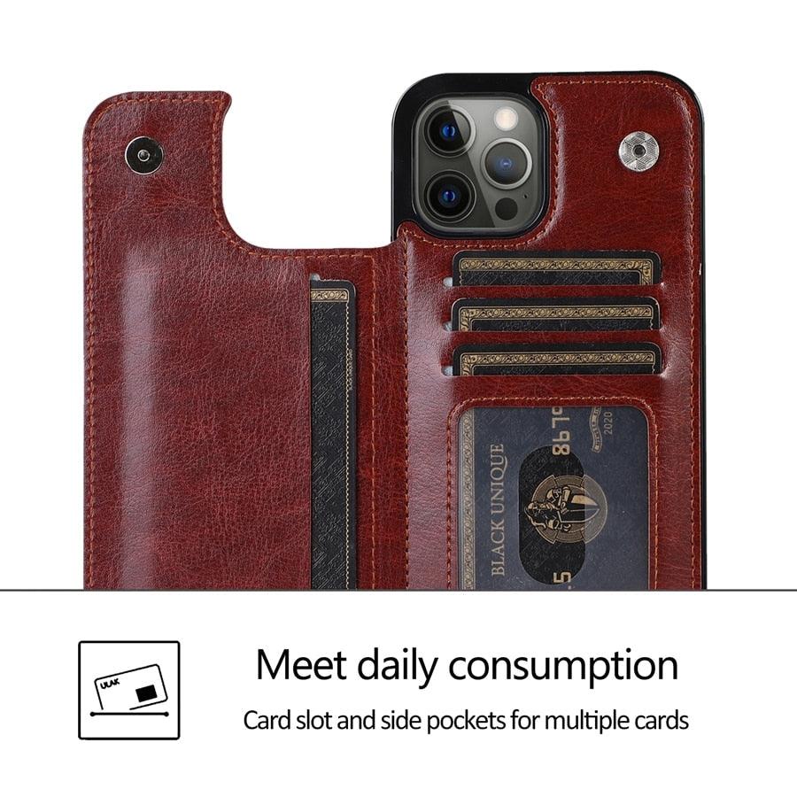 Étui en cuir PU rétro à rabat pour iPhone 14 13 12 11 Pro Max, étui portefeuille multi-cartes, porte-cartes en cuir, double fermeture magnétique, coque de protection durable pour iPhone