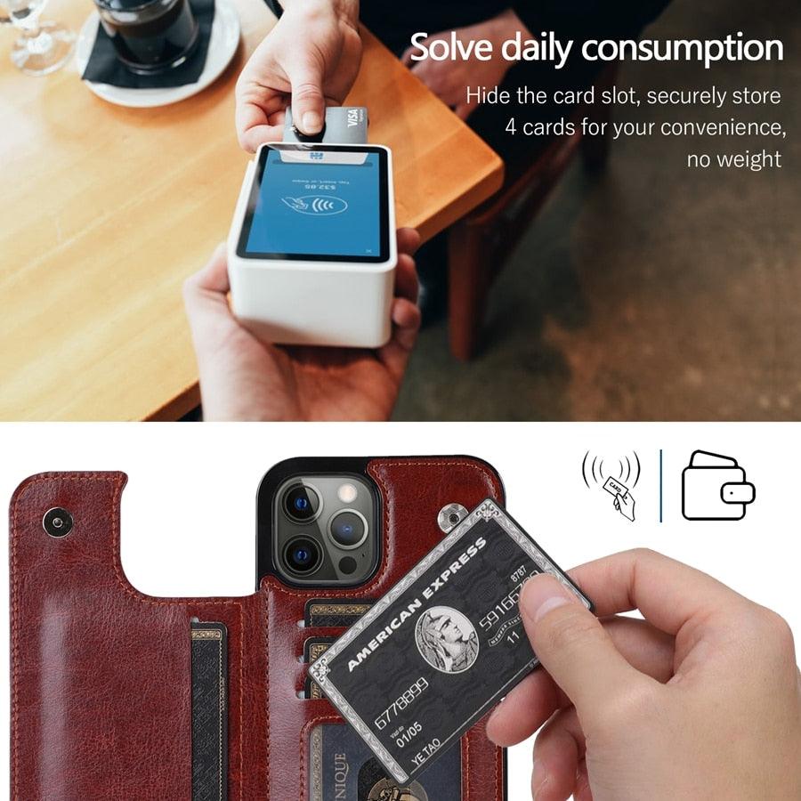 Étui en cuir PU rétro à rabat pour iPhone 14 13 12 11 Pro Max, étui portefeuille multi-cartes, porte-cartes en cuir, double fermeture magnétique, coque de protection durable pour iPhone