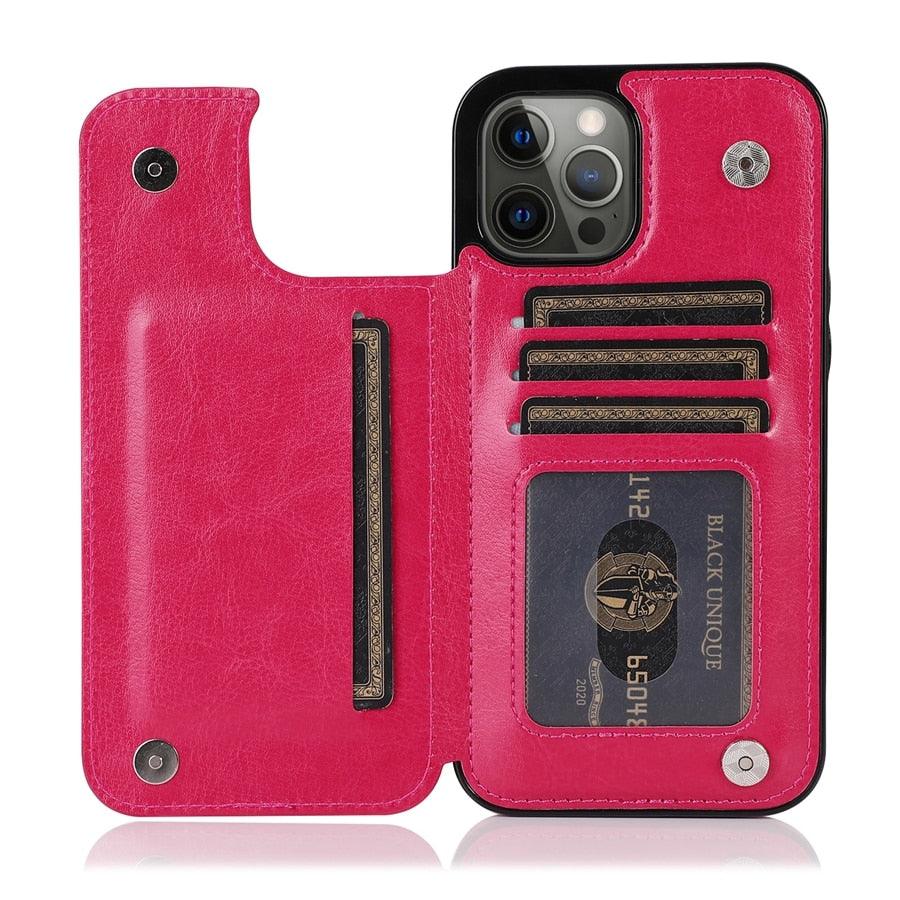 Étui en cuir PU rétro à rabat pour iPhone 14 13 12 11 Pro Max, étui portefeuille multi-cartes, porte-cartes en cuir, double fermeture magnétique, coque de protection durable pour iPhone