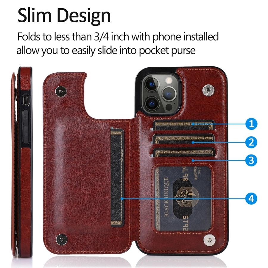 Étui en cuir PU rétro à rabat pour iPhone 14 13 12 11 Pro Max, étui portefeuille multi-cartes, porte-cartes en cuir, double fermeture magnétique, coque de protection durable pour iPhone