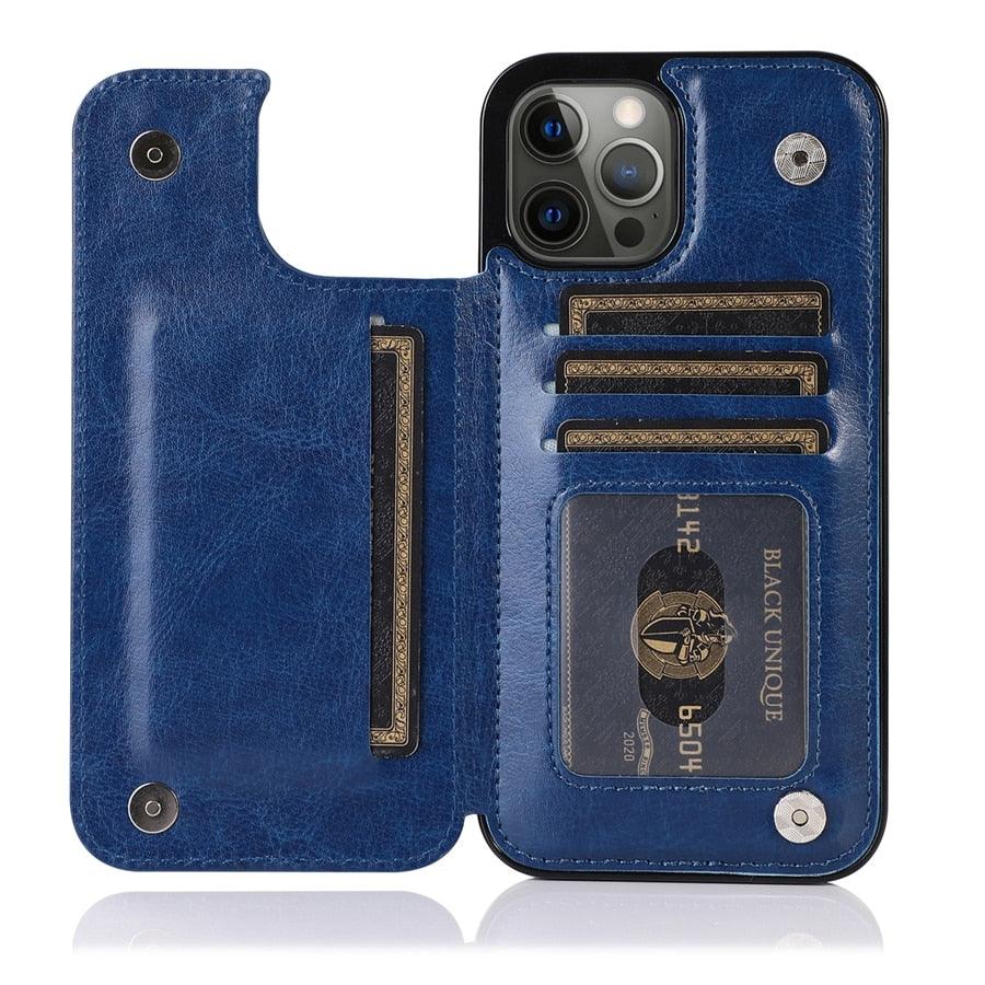 Étui en cuir PU rétro à rabat pour iPhone 14 13 12 11 Pro Max, étui portefeuille multi-cartes, porte-cartes en cuir, double fermeture magnétique, coque de protection durable pour iPhone