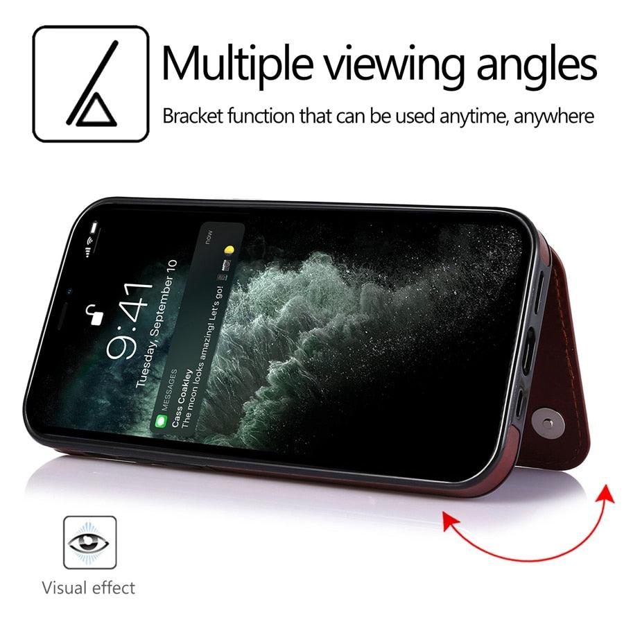 Étui en cuir PU rétro à rabat pour iPhone 14 13 12 11 Pro Max, étui portefeuille multi-cartes, porte-cartes en cuir, double fermeture magnétique, coque de protection durable pour iPhone