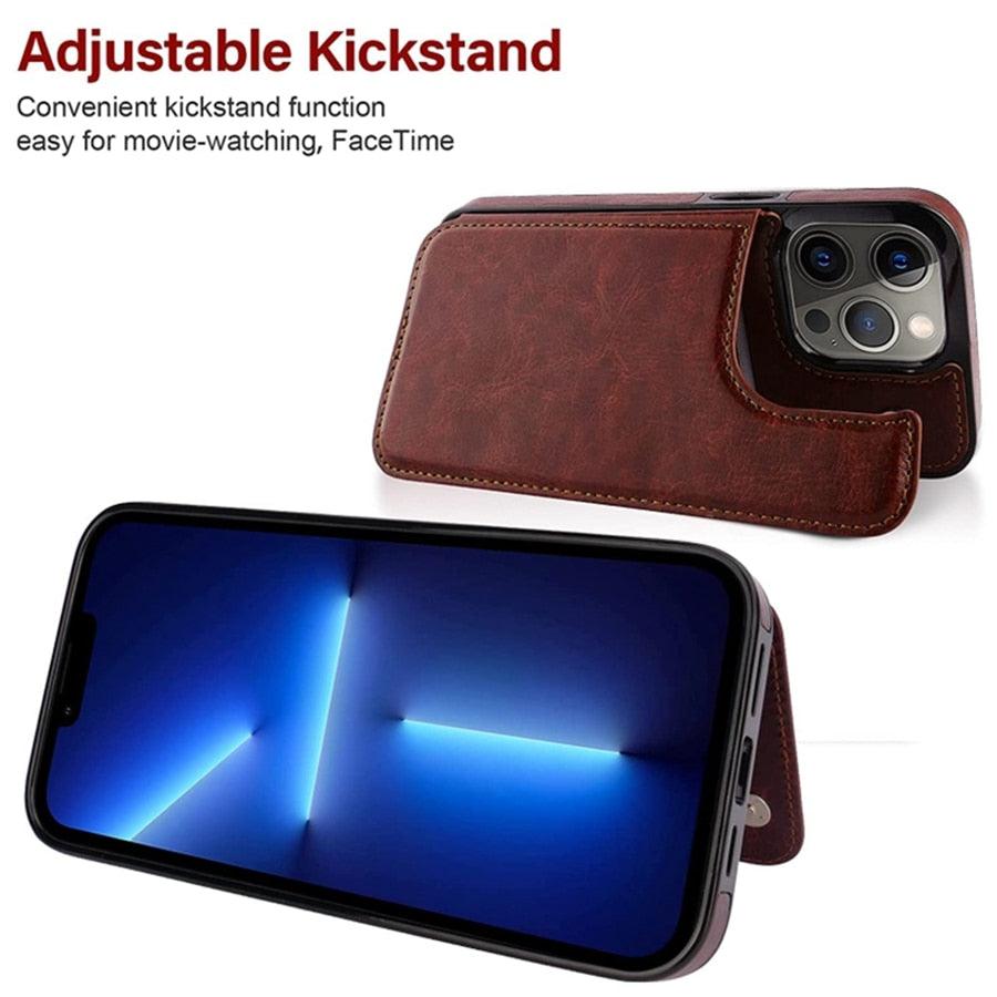 Étui en cuir PU rétro à rabat pour iPhone 14 13 12 11 Pro Max, étui portefeuille multi-cartes, porte-cartes en cuir, double fermeture magnétique, coque de protection durable pour iPhone