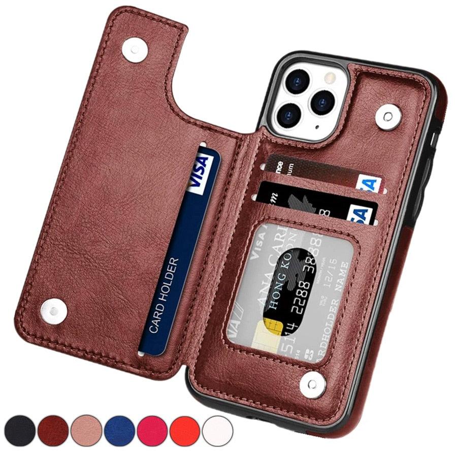 Étui en cuir PU rétro à rabat pour iPhone 14 13 12 11 Pro Max, étui portefeuille multi-cartes, porte-cartes en cuir, double fermeture magnétique, coque de protection durable pour iPhone