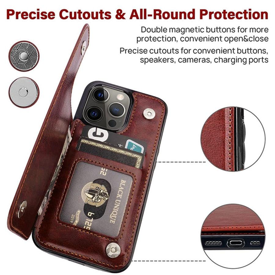 Étui en cuir PU rétro à rabat pour iPhone 14 13 12 11 Pro Max, étui portefeuille multi-cartes, porte-cartes en cuir, double fermeture magnétique, coque de protection durable pour iPhone