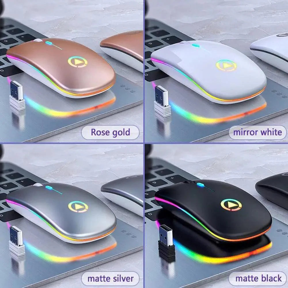 Souris sans fil rétro RVB rechargeable, souris d'ordinateur sans fil silencieuse, souris optique portable pour bureau avec LED USB rétroéclairée, souris de jeu pour ordinateur portable