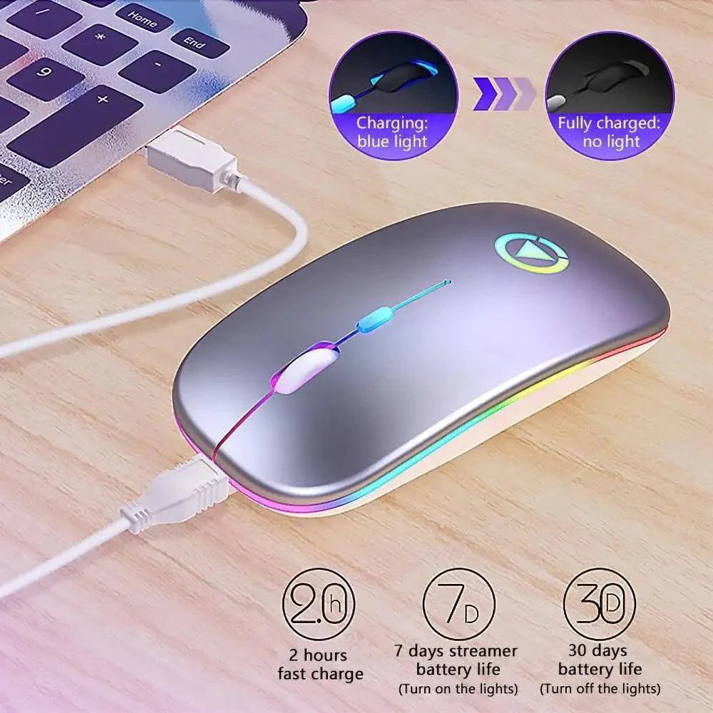 Souris sans fil rétro RVB rechargeable, souris d'ordinateur sans fil silencieuse, souris optique portable pour bureau avec LED USB rétroéclairée, souris de jeu pour ordinateur portable