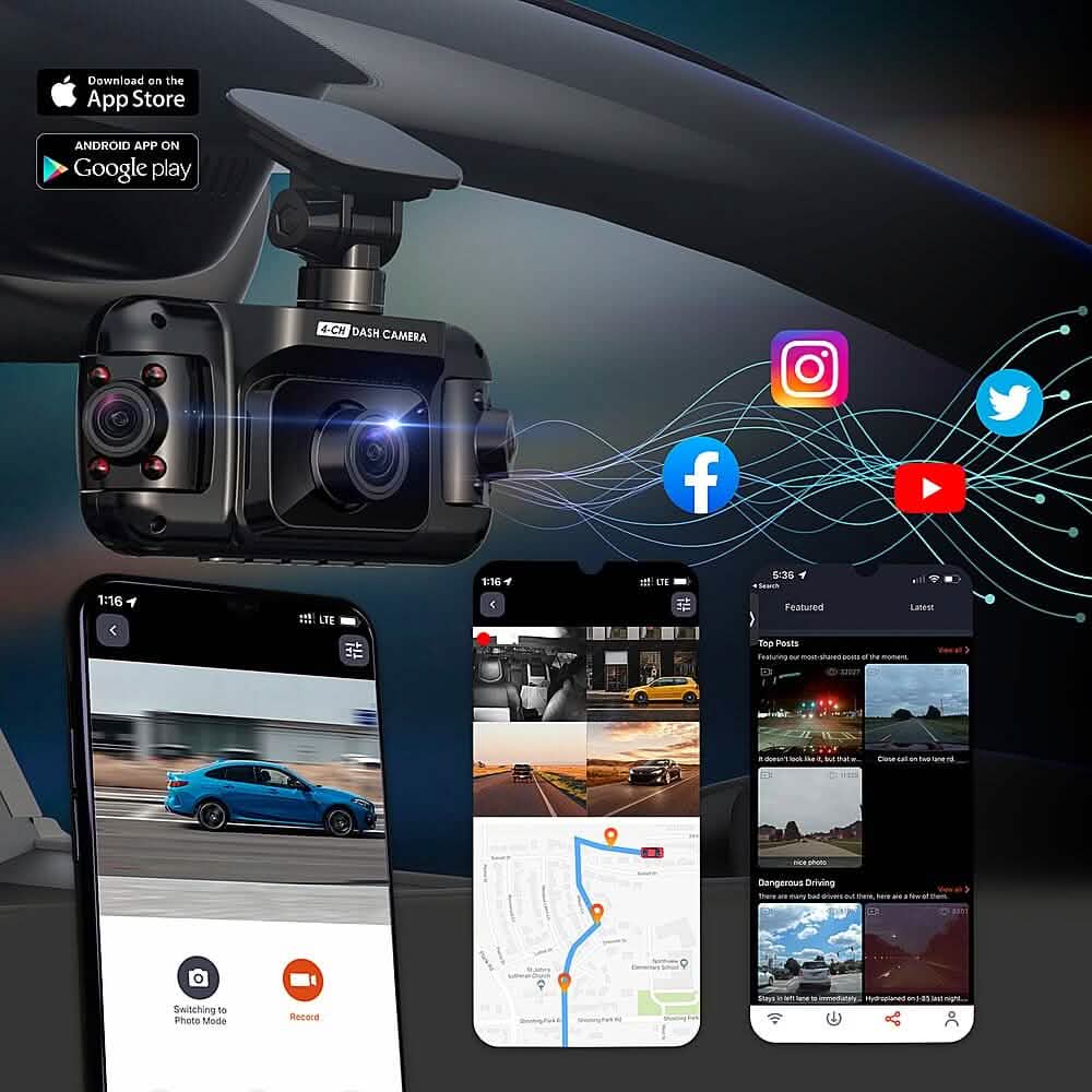 Rexing - Caméra de tableau de bord R4 4 canaux avec résolution 1080p complète, Wi-Fi et GPS - Noir (reconditionné)