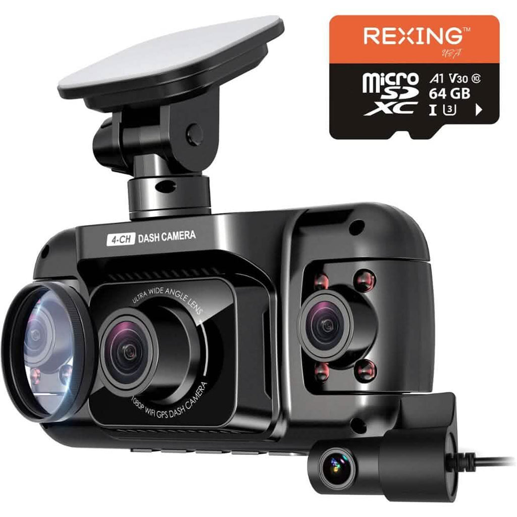 Rexing - Caméra de tableau de bord R4 4 canaux avec résolution 1080p complète, Wi-Fi et GPS - Noir (reconditionné)