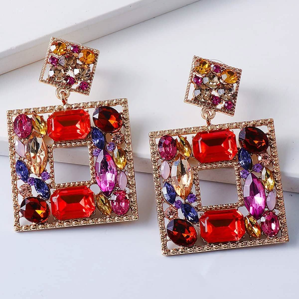 Boucles d'oreilles pendantes carrées en strass