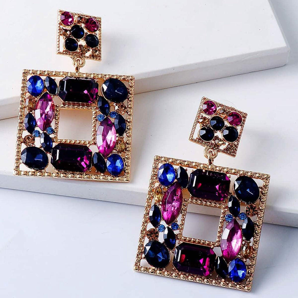 Boucles d'oreilles pendantes carrées en strass