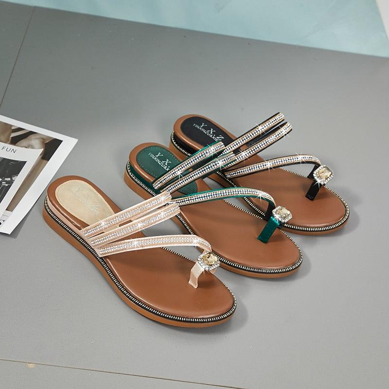 Sandales pour femme avec strass, tongs d'été en cuir, sandales à cristaux, sandales décontractées plates pour femme avec strass et cristaux, pantoufles confortables de plage, tongs