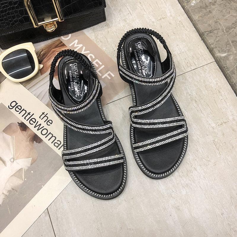 Sandales pour femme avec strass, tongs d'été en cuir, sandales à cristaux, sandales décontractées plates pour femme avec strass et cristaux, pantoufles confortables de plage, tongs