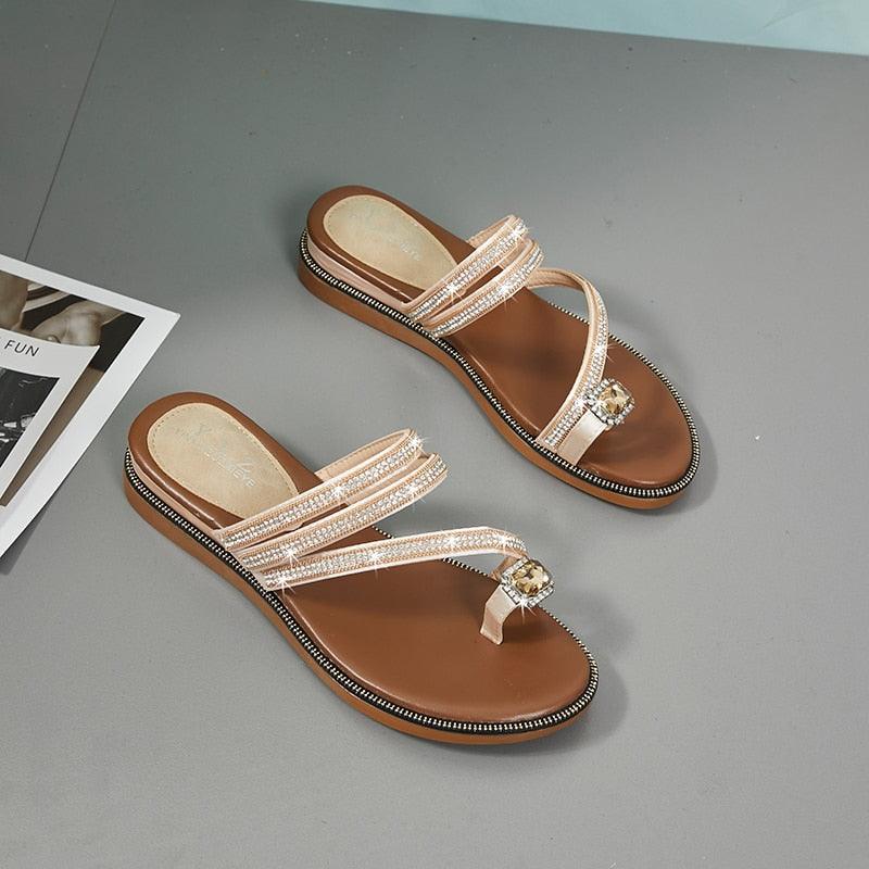 Sandales pour femme avec strass, tongs d'été en cuir, sandales à cristaux, sandales décontractées plates pour femme avec strass et cristaux, pantoufles confortables de plage, tongs