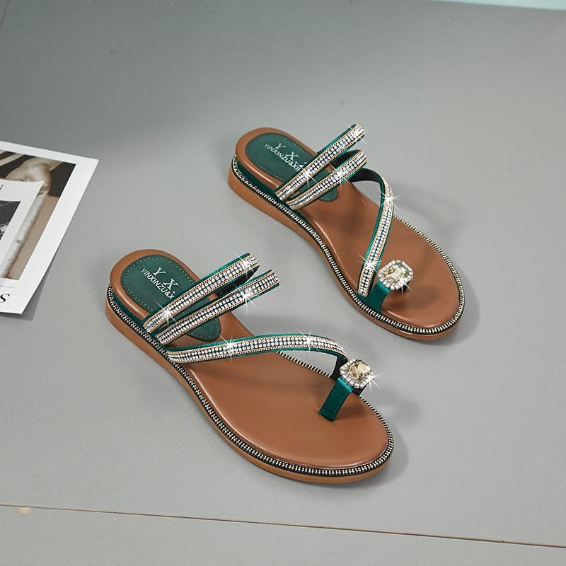 Sandales pour femme avec strass, tongs d'été en cuir, sandales à cristaux, sandales décontractées plates pour femme avec strass et cristaux, pantoufles confortables de plage, tongs