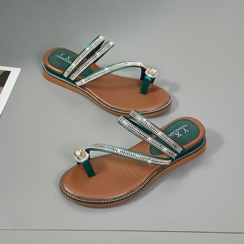 Sandales pour femme avec strass, tongs d'été en cuir, sandales à cristaux, sandales décontractées plates pour femme avec strass et cristaux, pantoufles confortables de plage, tongs