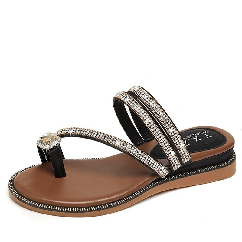 Sandales pour femme avec strass, tongs d'été en cuir, sandales à cristaux, sandales décontractées plates pour femme avec strass et cristaux, pantoufles confortables de plage, tongs
