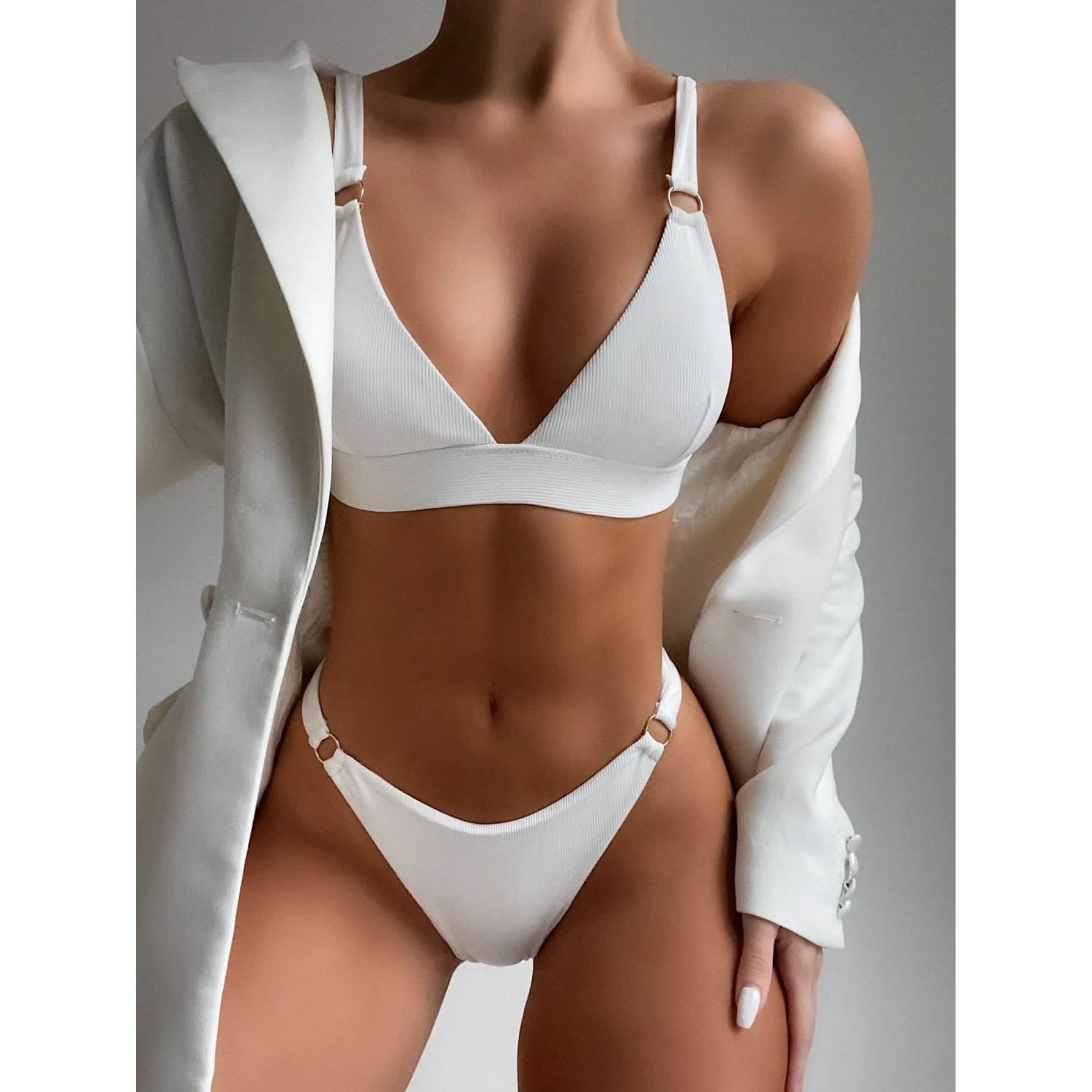 Maillot de bain bikini taille haute à anneau côtelé intégré