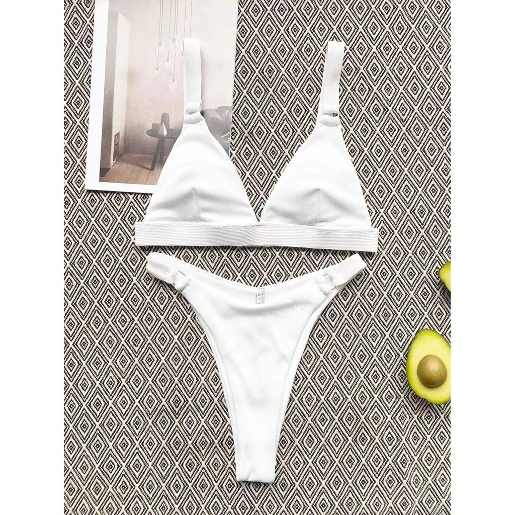 Maillot de bain bikini taille haute à anneau côtelé intégré