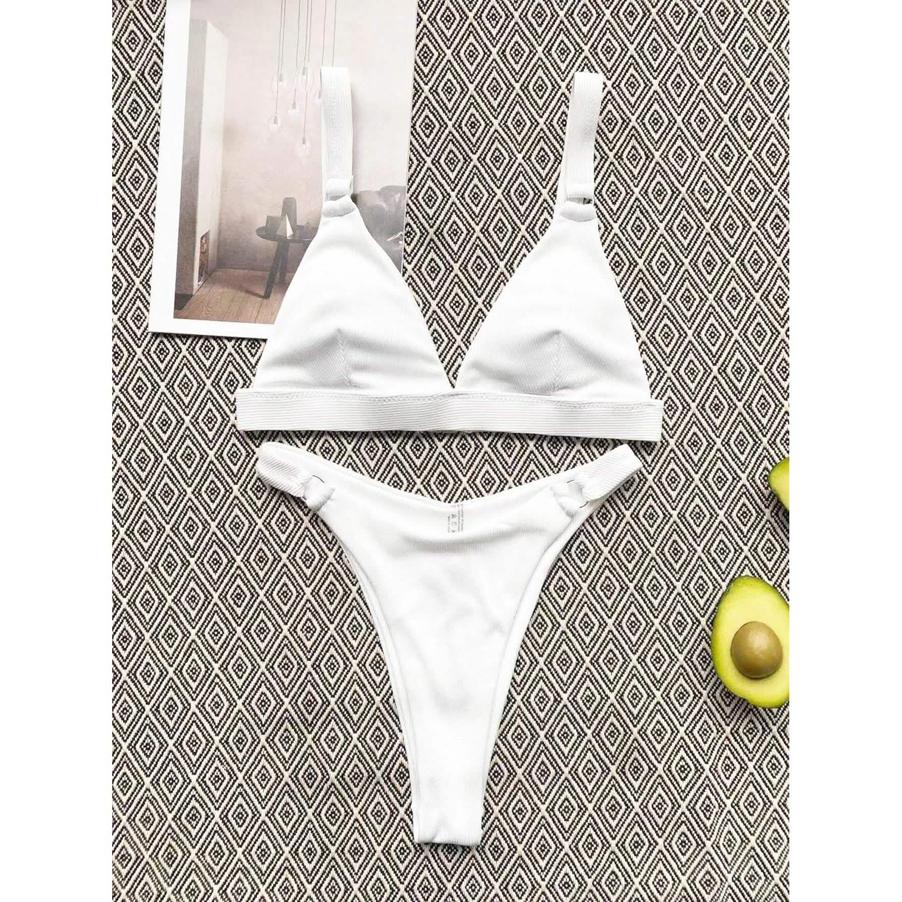 Maillot de bain bikini taille haute à anneau côtelé intégré