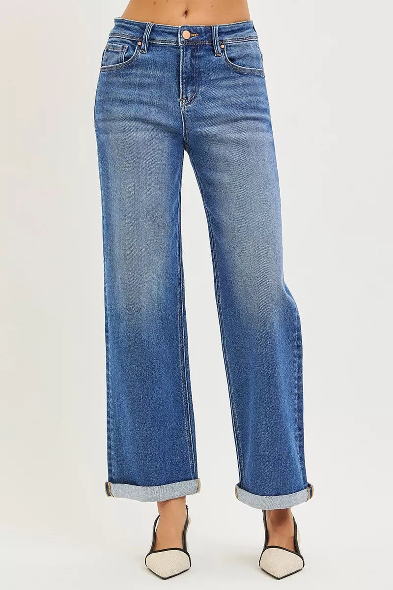 Jean RISEN pleine longueur, taille haute, coupe décontractée, droit cheville, à revers, grande taille