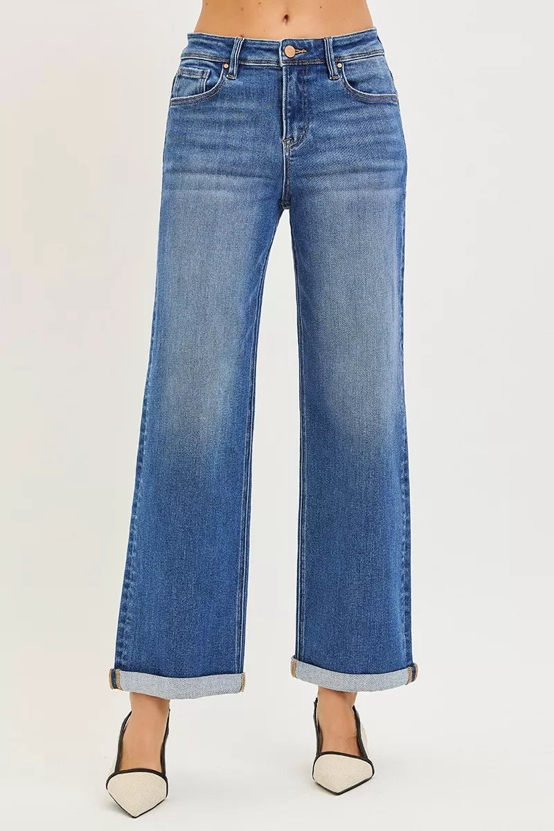 Jean RISEN pleine longueur, taille haute, coupe décontractée, droit cheville, à revers, grande taille