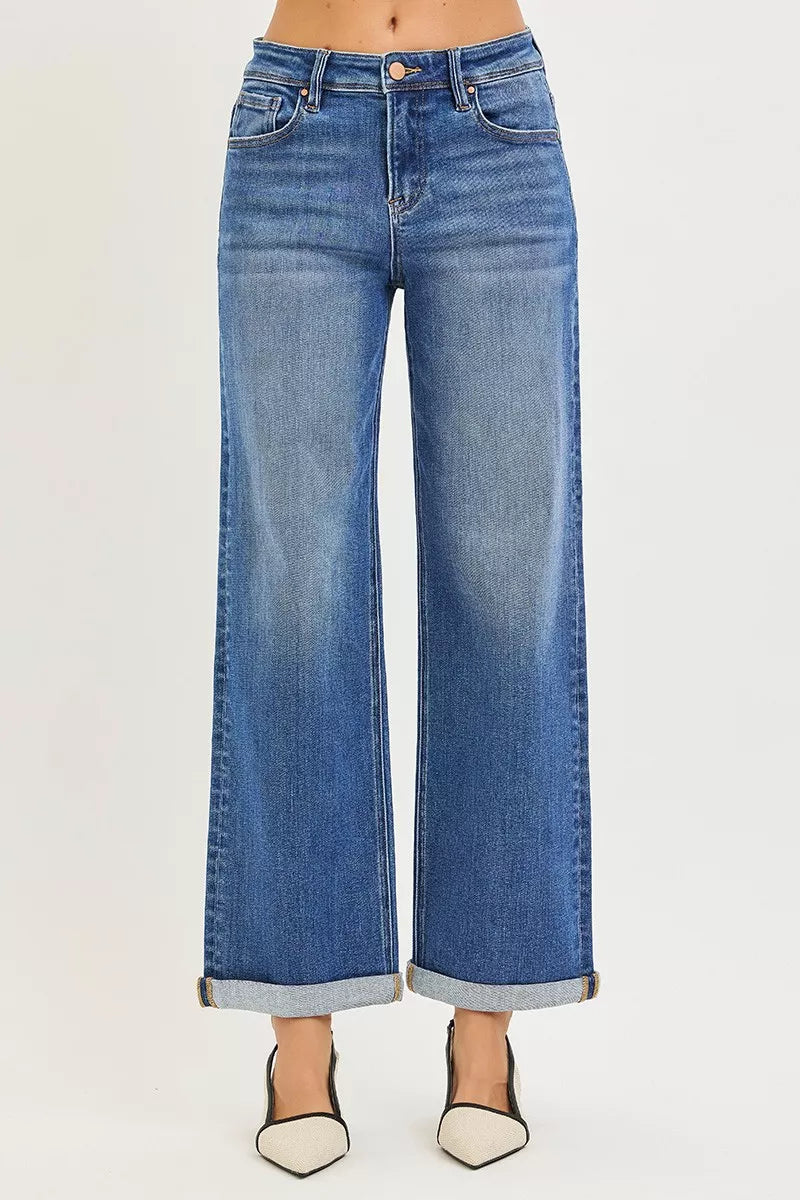 Jean RISEN pleine longueur, taille haute, coupe décontractée, droit cheville, à revers, grande taille