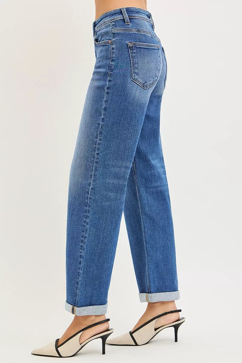 Jean RISEN pleine longueur, taille haute, coupe décontractée, droit cheville, à revers, grande taille