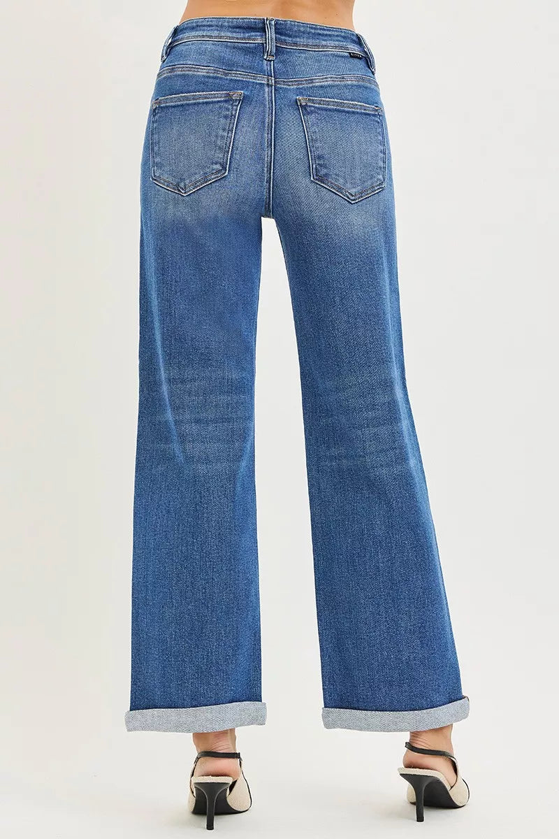 Jean RISEN pleine longueur, taille haute, coupe décontractée, droit cheville, à revers, grande taille