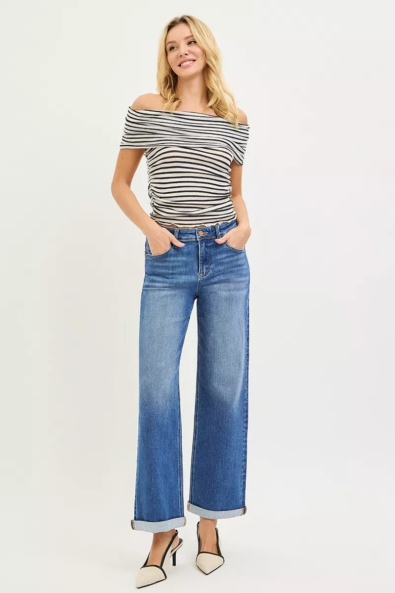 Jean RISEN pleine longueur, taille haute, coupe décontractée, droit cheville, à revers, grande taille