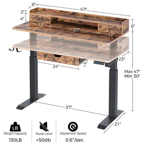 Bureau électrique réglable en hauteur autoportant Rolanstar Sing Motor avec tiroirs et crochets pour casque