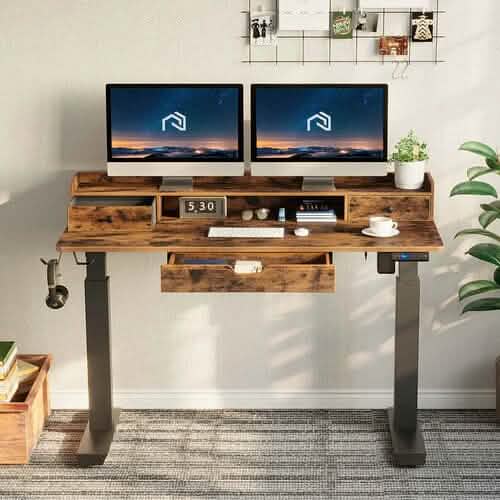 Bureau électrique réglable en hauteur autoportant Rolanstar Sing Motor avec tiroirs et crochets pour casque