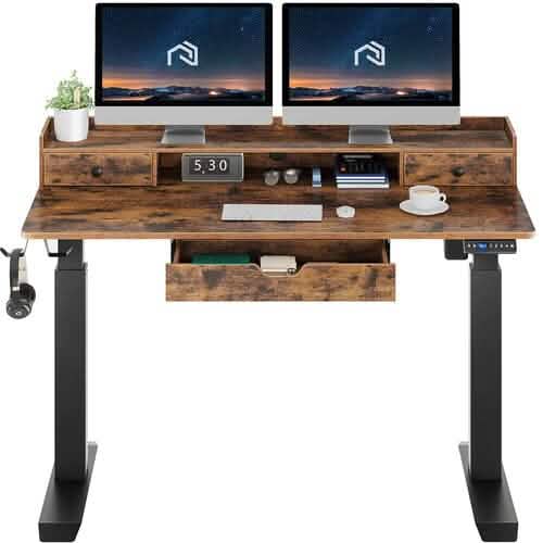 Bureau électrique réglable en hauteur autoportant Rolanstar Sing Motor avec tiroirs et crochets pour casque