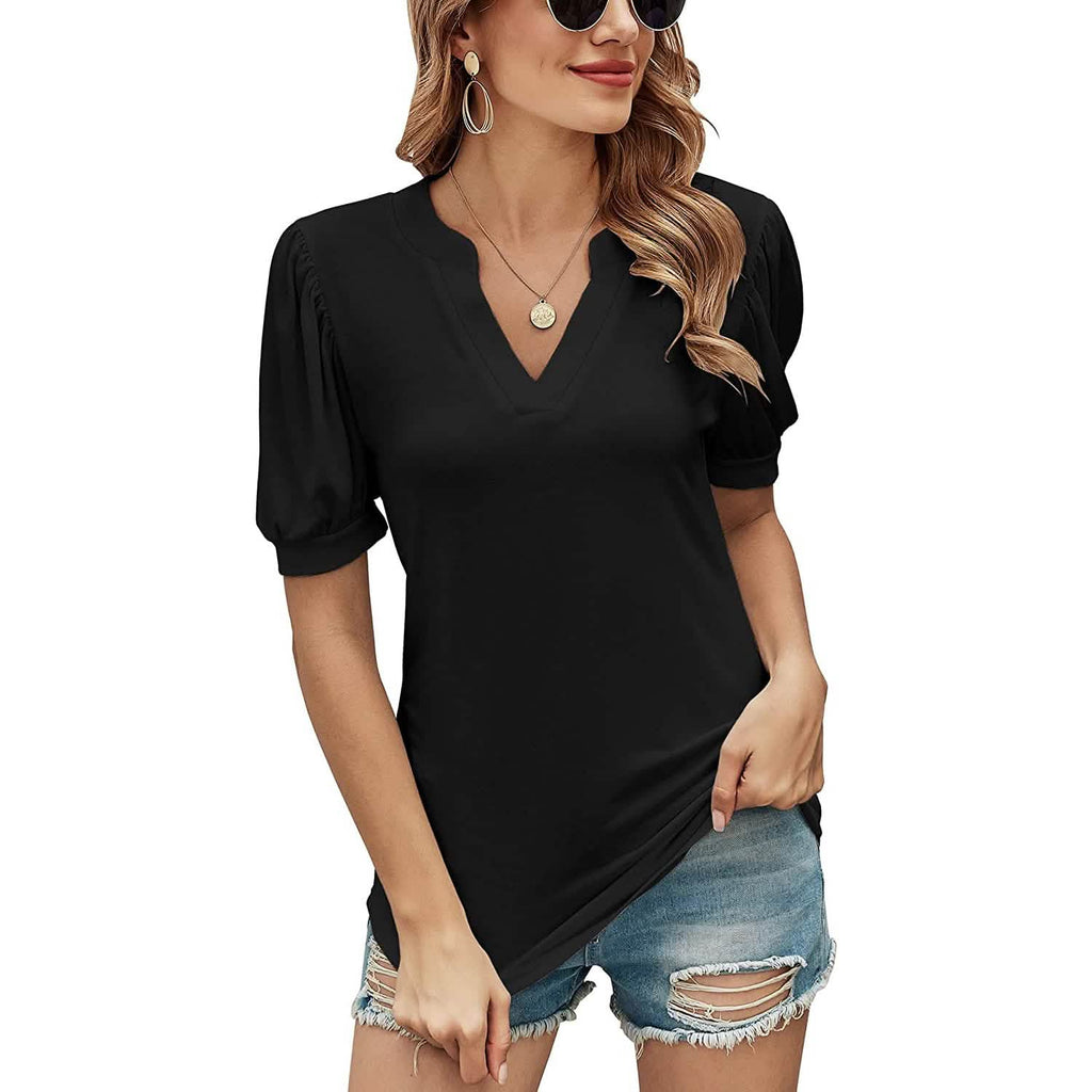 T-shirts décontractés à col en V pour femmes Romanstii, amples à manches courtes bouffantes