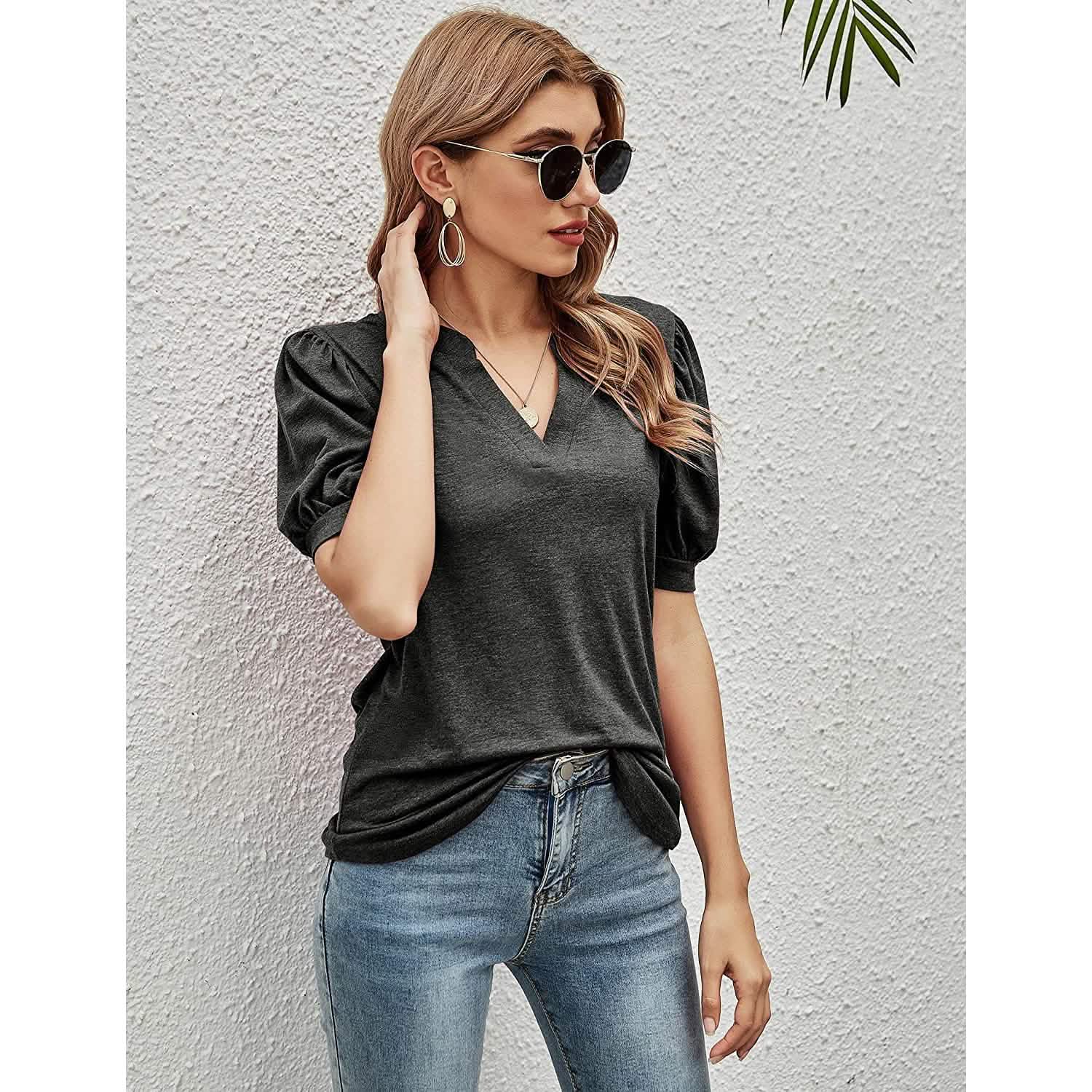 T-shirts décontractés à col en V pour femmes Romanstii, amples à manches courtes bouffantes