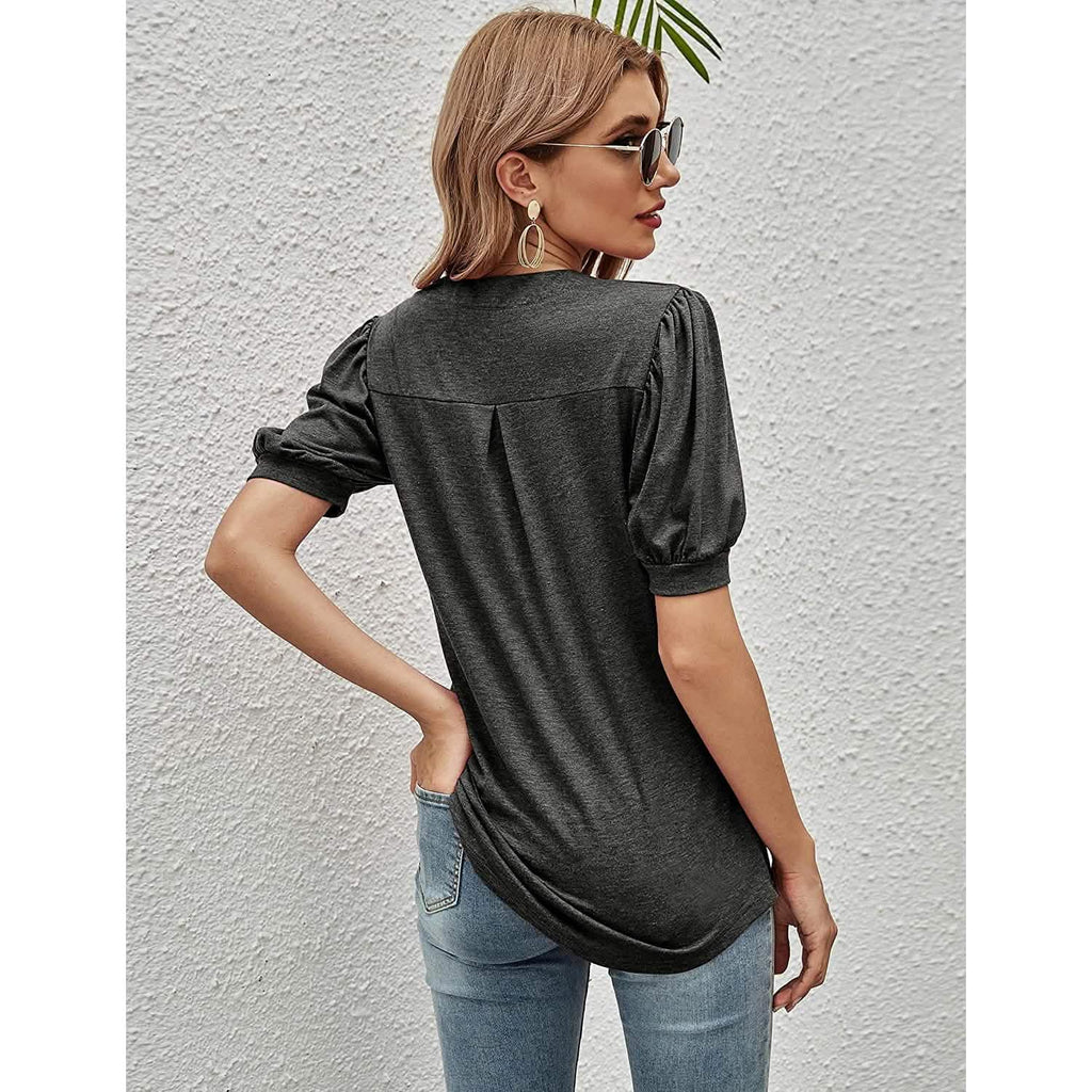 T-shirts décontractés à col en V pour femmes Romanstii, amples à manches courtes bouffantes