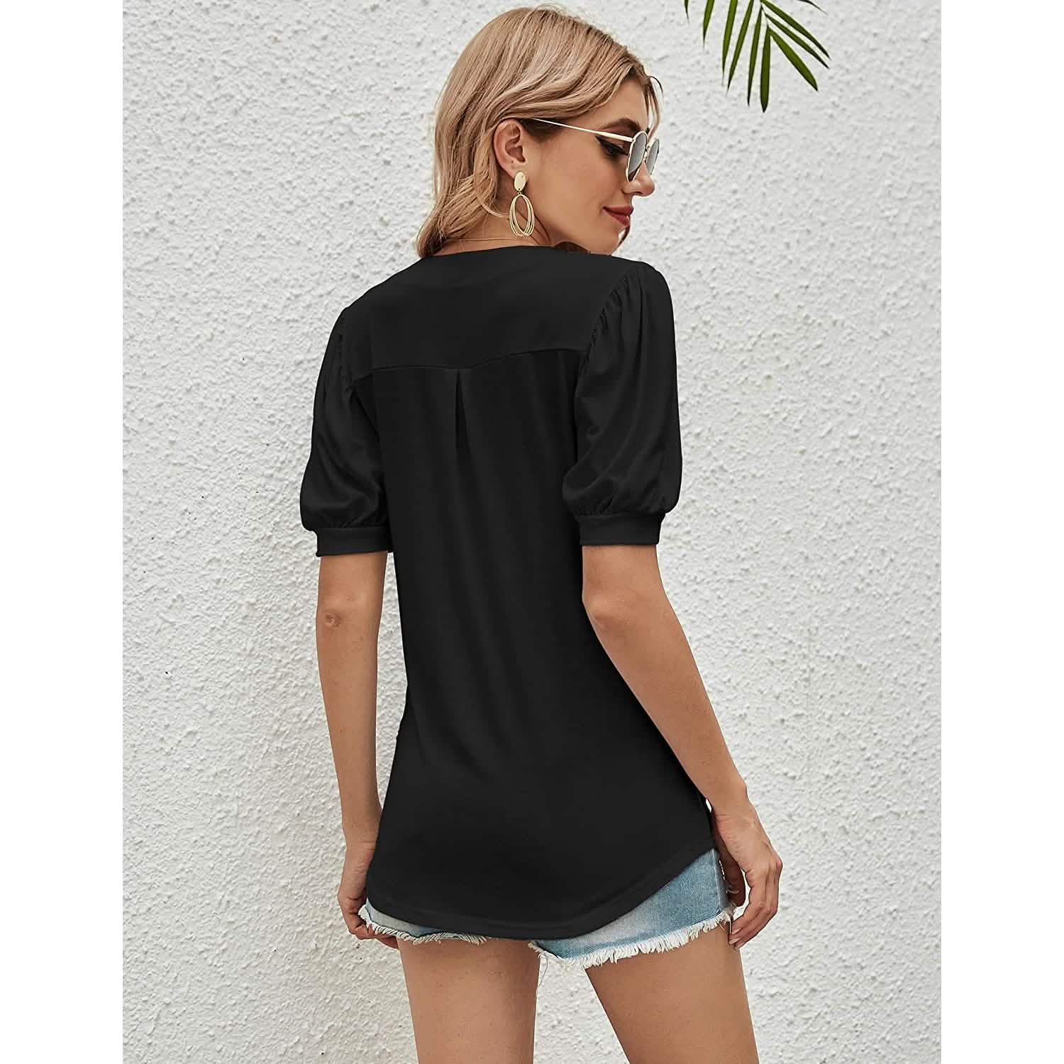 T-shirts décontractés à col en V pour femmes Romanstii, amples à manches courtes bouffantes