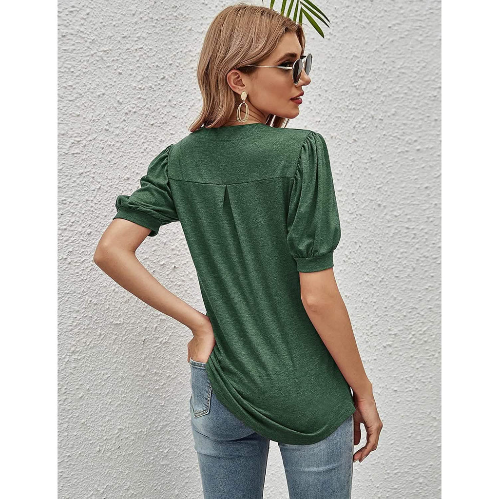 T-shirts décontractés à col en V pour femmes Romanstii, amples à manches courtes bouffantes