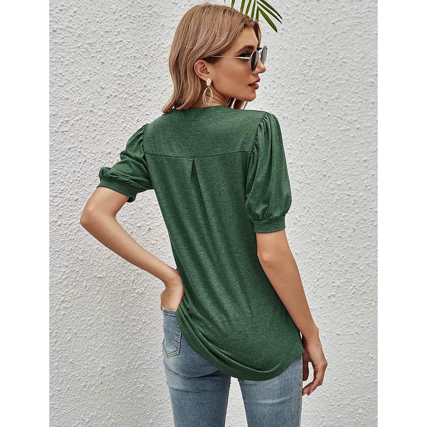 T-shirts décontractés à col en V pour femmes Romanstii, amples à manches courtes bouffantes