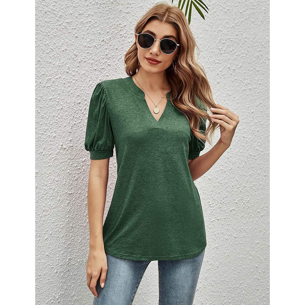 T-shirts décontractés à col en V pour femmes Romanstii, amples à manches courtes bouffantes