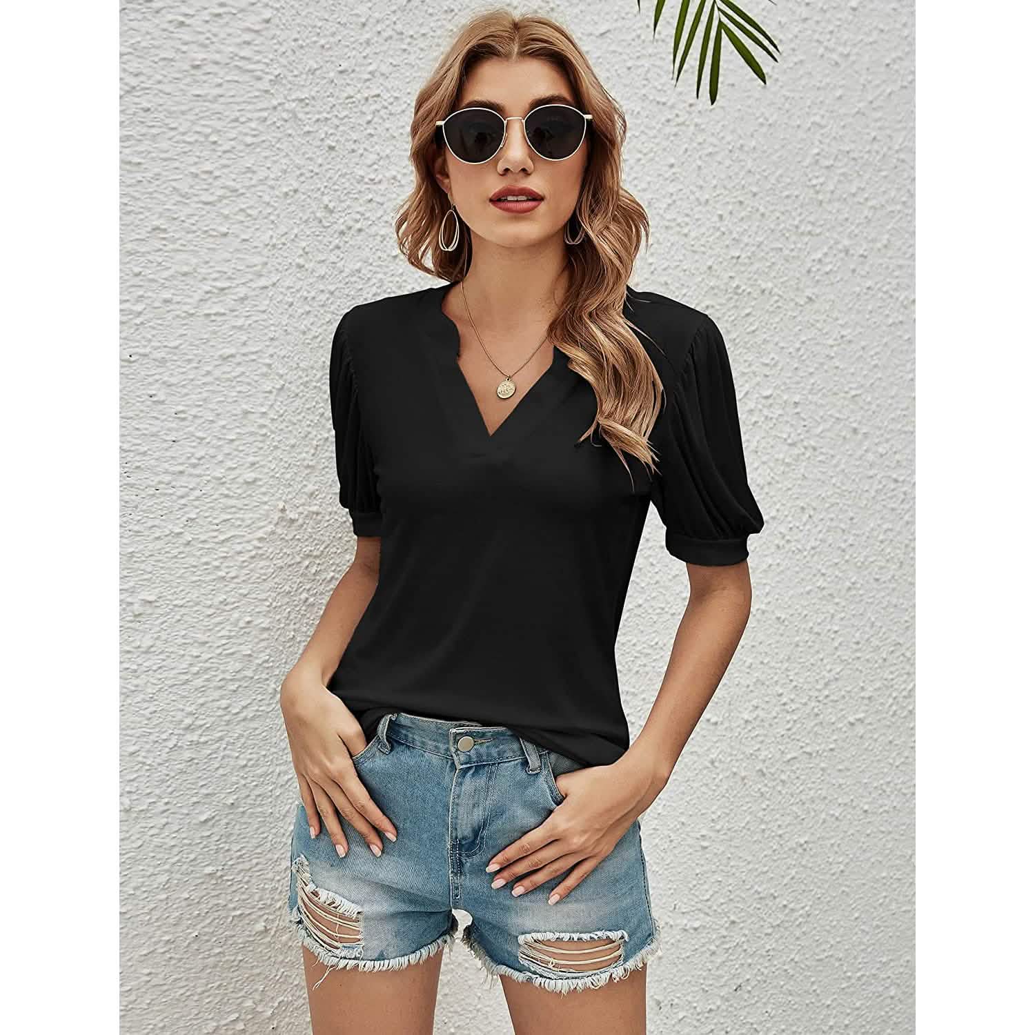 T-shirts décontractés à col en V pour femmes Romanstii, amples à manches courtes bouffantes