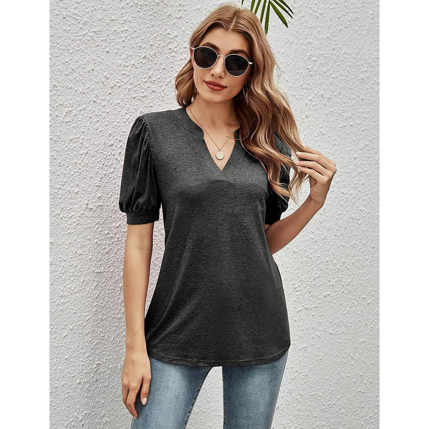 T-shirts décontractés à col en V pour femmes Romanstii, amples à manches courtes bouffantes
