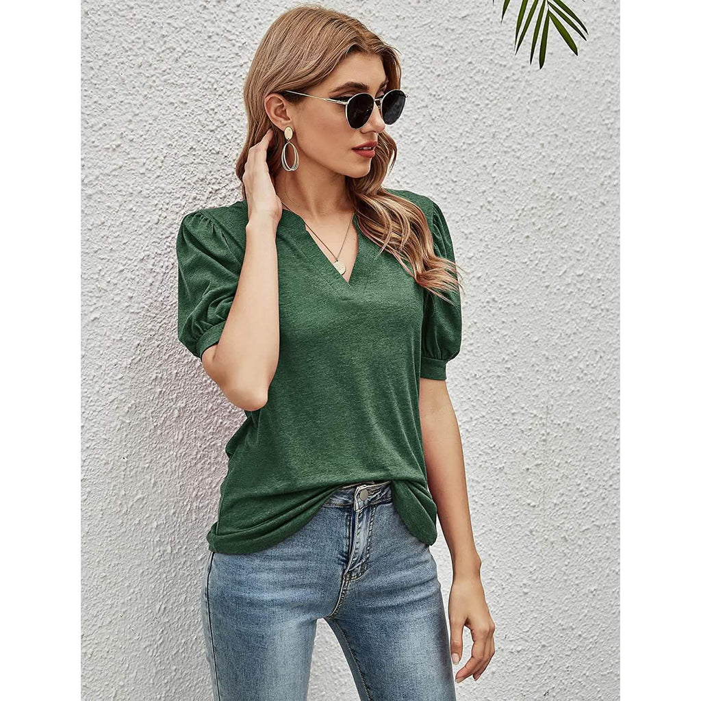 T-shirts décontractés à col en V pour femmes Romanstii, amples à manches courtes bouffantes