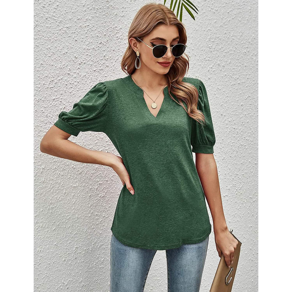 T-shirts décontractés à col en V pour femmes Romanstii, amples à manches courtes bouffantes