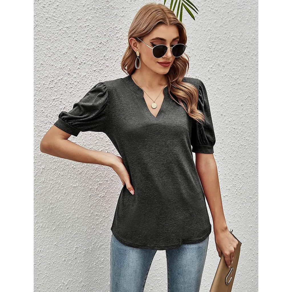 T-shirts décontractés à col en V pour femmes Romanstii, amples à manches courtes bouffantes