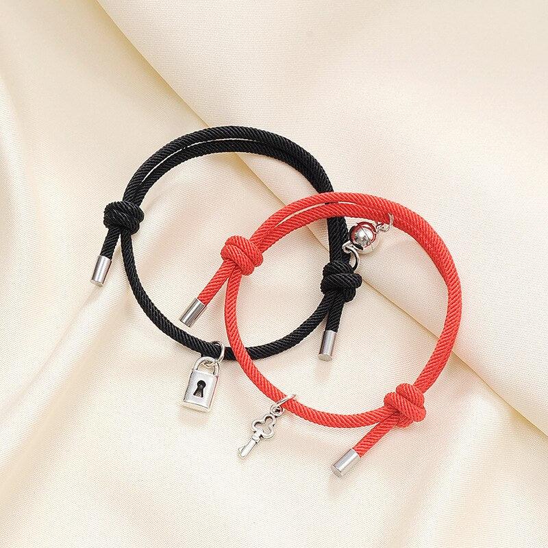 Bracelet magnétique romantique couple classique serrure clé paire bracelet porte-bonheur corde noire rouge bracelet clé et serrure attraction assortie bracelet cadeaux amoureux pour petit ami petite amie