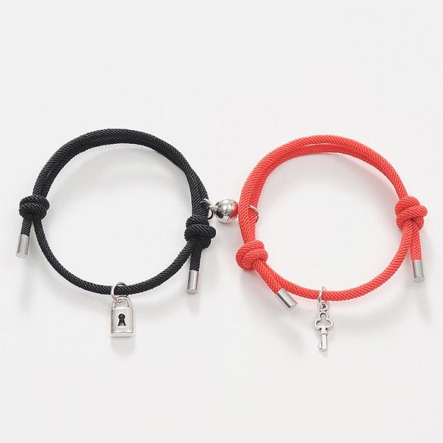 Bracelet magnétique romantique couple classique serrure clé paire bracelet porte-bonheur corde noire rouge bracelet clé et serrure attraction assortie bracelet cadeaux amoureux pour petit ami petite amie