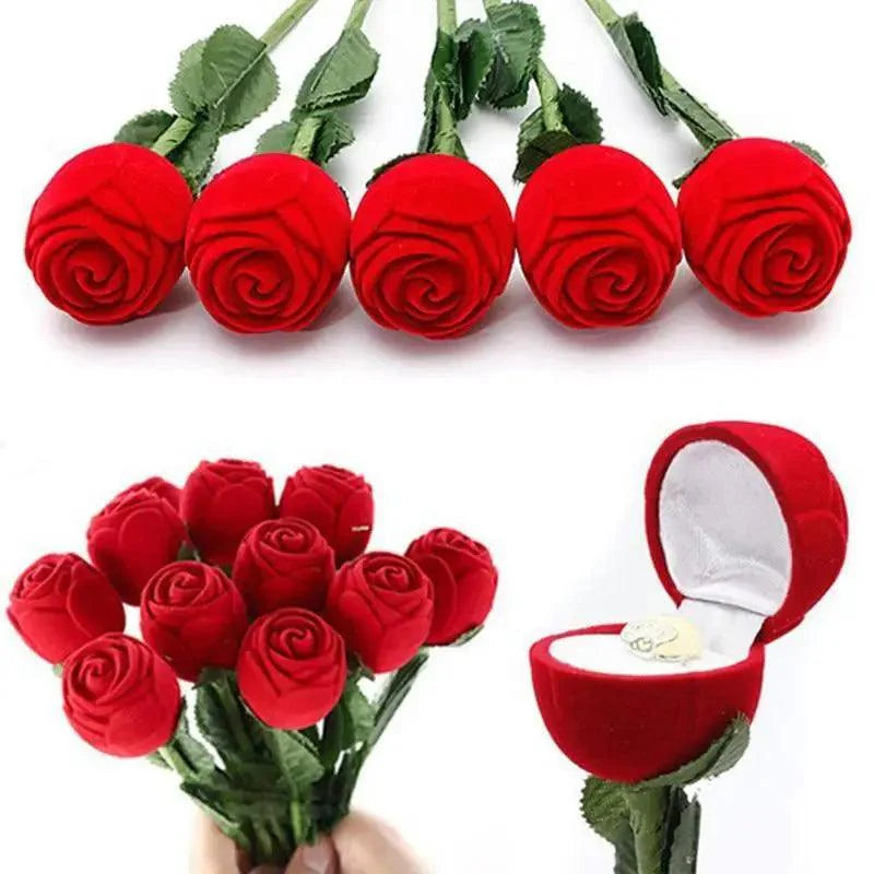 Boîte à Bagues de Mariage Cœur Romantique Rose Rouge Étuis Élégants pour Boucles d'Oreilles Collier Boîte à Bijoux Cadeau